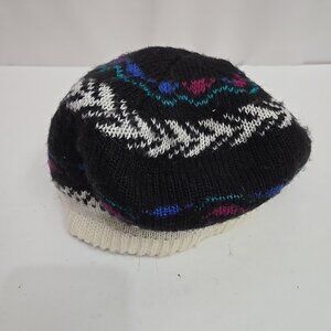 Vintage Hansen Knit Beret Winter Hat Black Floral USA Made 80s